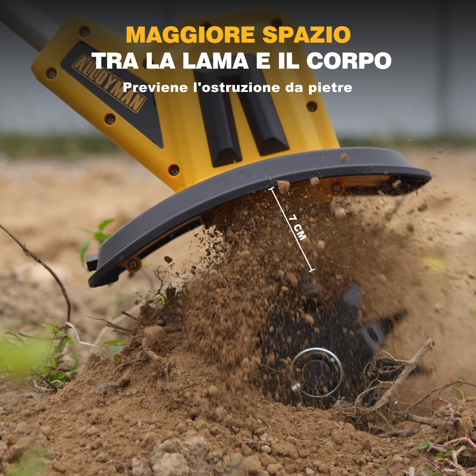 Alloyman Motozappa elettrica da 20V, fresa da giardino, batteria da 360 giri/min, con 2 batterie da 4,0 Ah e caricabatterie, larghezza di lavoro 23 cm, profondità 17 cm, Motozappa per terreni
