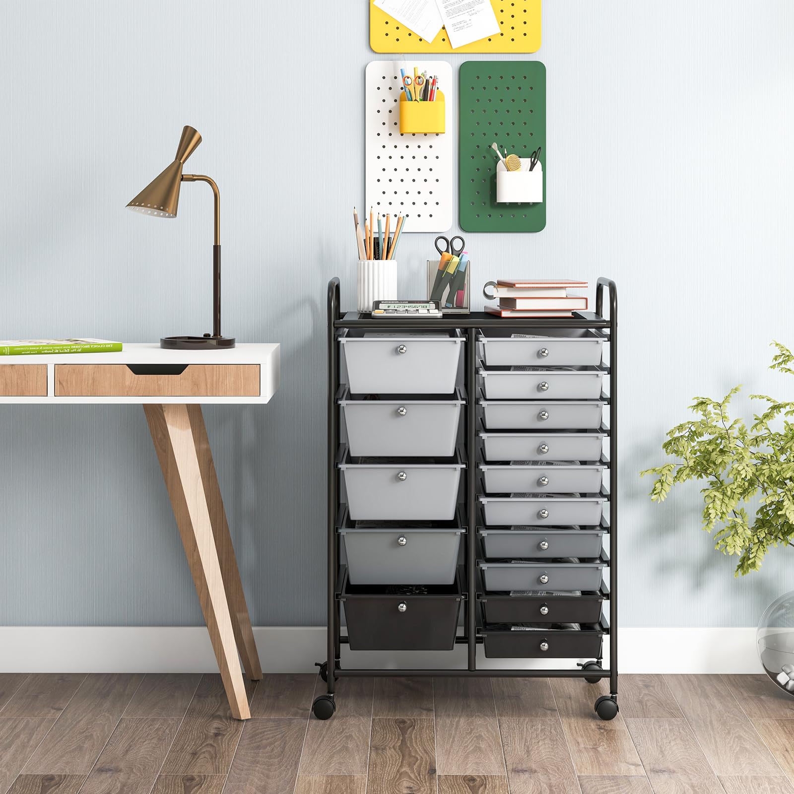 GIANTEX Carrelli Porta Oggetti, con 10+5 Cassetti Impilabili, 2 Ruote Bloccabili, Braccioli Metallici, Portabile e Pratico, per Ufficio, Studio, Cucina,Bagno, 5 Colori Disponibili, 62,5x37x87 cm