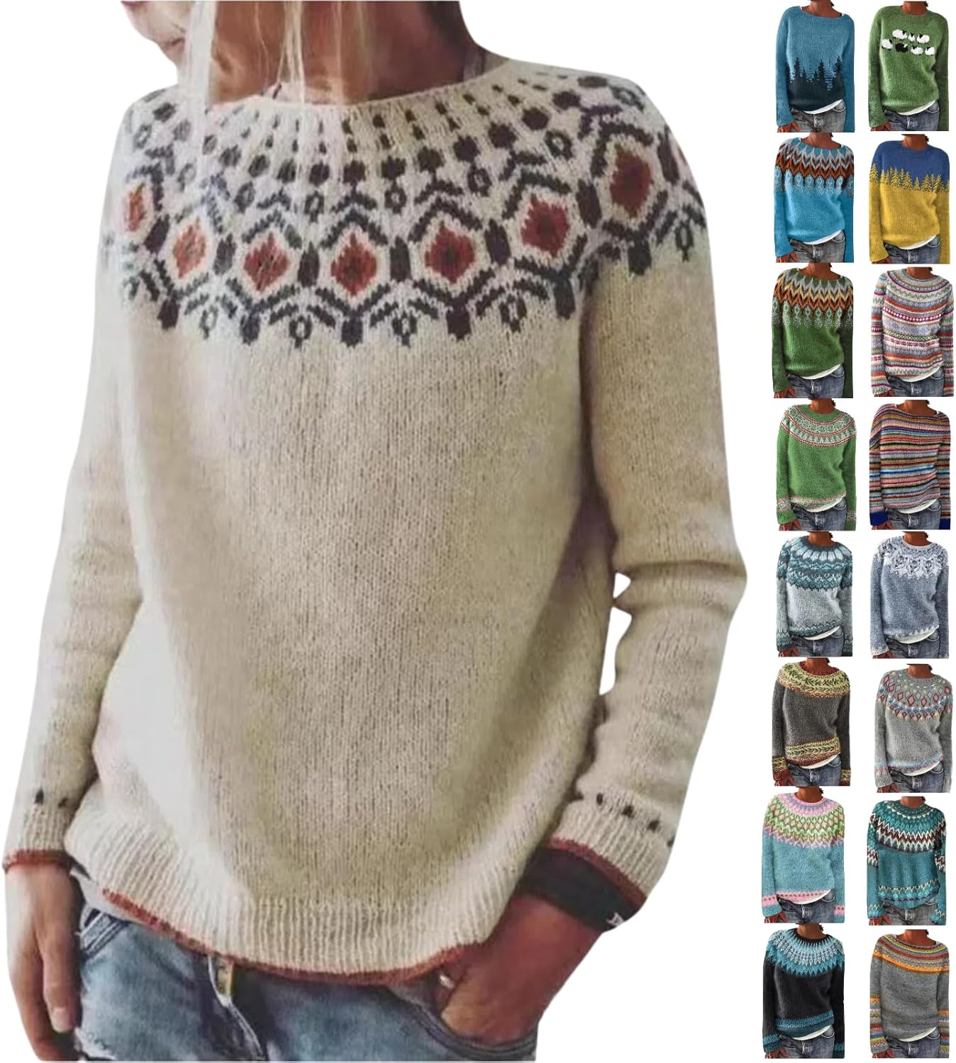 Fair Isle Sweater Women Vintage Knit Print Casual Loose Crewneck Long Sleeve Lightweight Pullover Sweater Top
