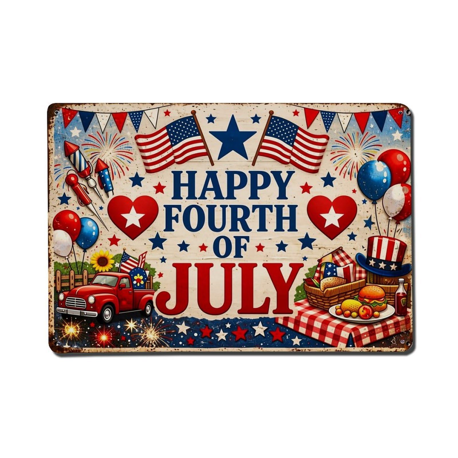 American Flag Stars And Stripes Fireworks Balloons Picnic Truck Tin Sign Metal Poster Vintage Metal Signs for Home Man Cave Bar Cafe Kitchen laundry room Wall Decorations Gift 8x12Inch