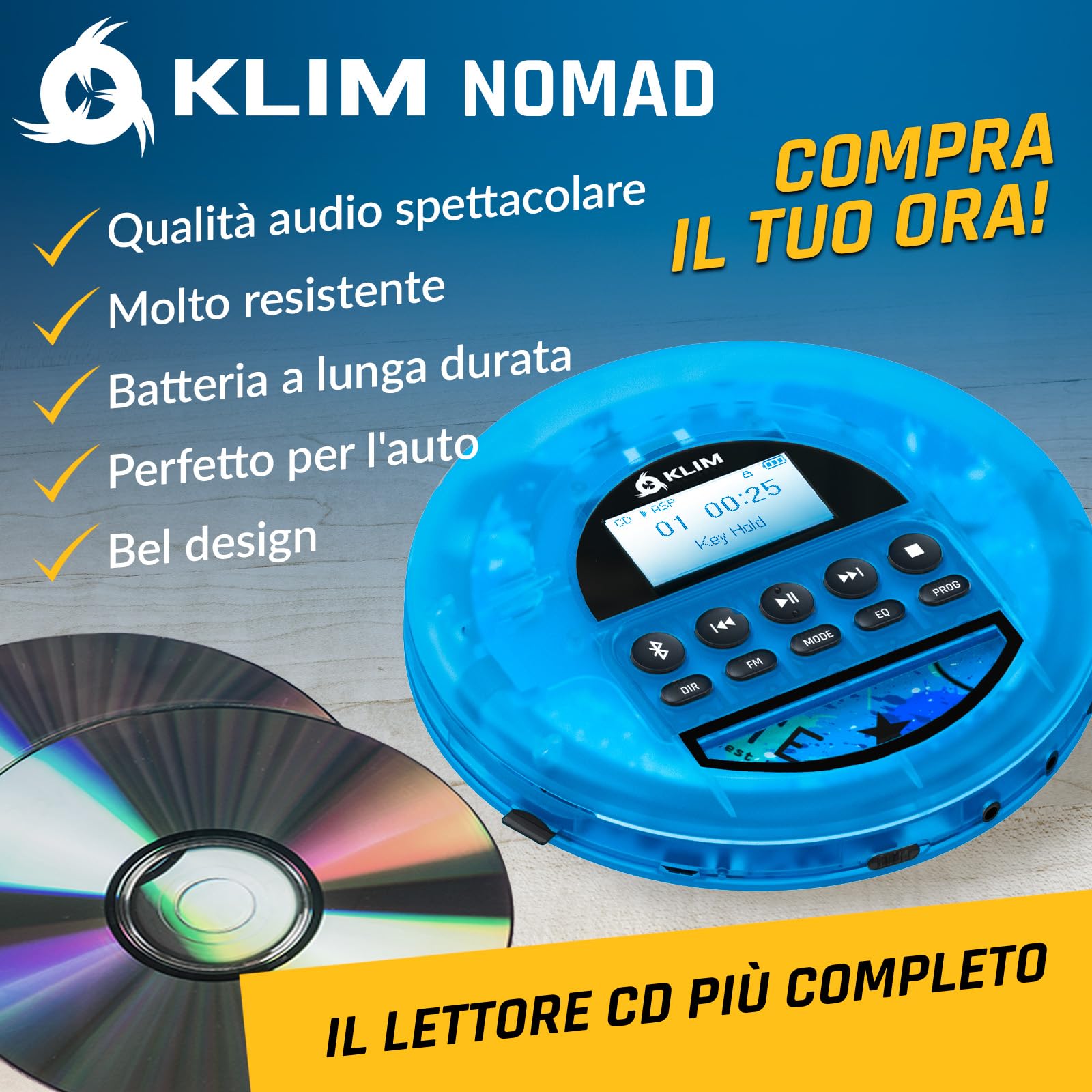 KLIM Nomad Transparent Blu - Lettore cd portatile - Batteria a Lunga Durata - Include Auricolari KLIM Fusion - con CD-R, CD-RW, MP3 - Lettore SD, Radio FM, Bluetooth - Ideale per Auto - Hi-Fi - Nuovo