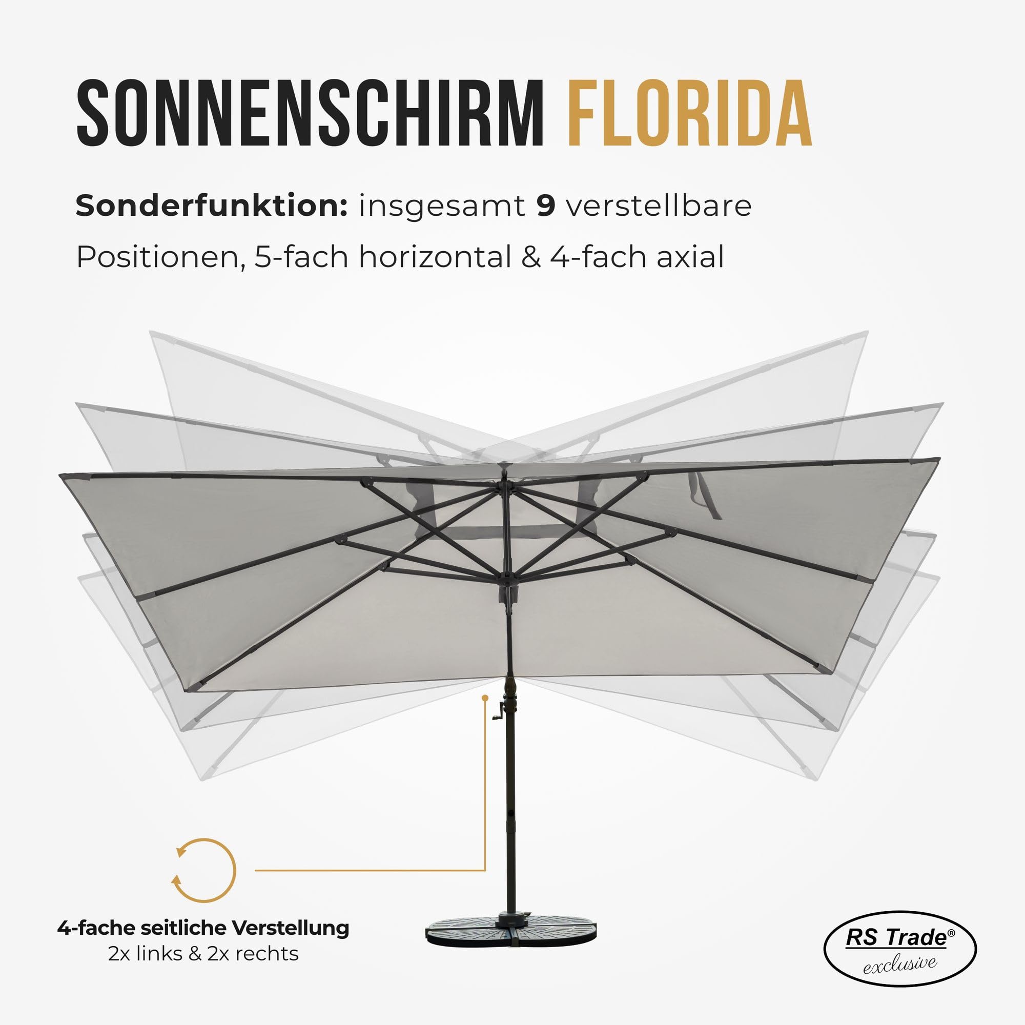 RS Trade Sonnenschirm Ampelschirm 3x4m groß rechteckig, mit Windsicherung, Ständer und Schutzhülle, drehbar neigbar kippbar mit Kurbel, windstabil für Garten Terrasse Balkon Gastronomie, hellgrau