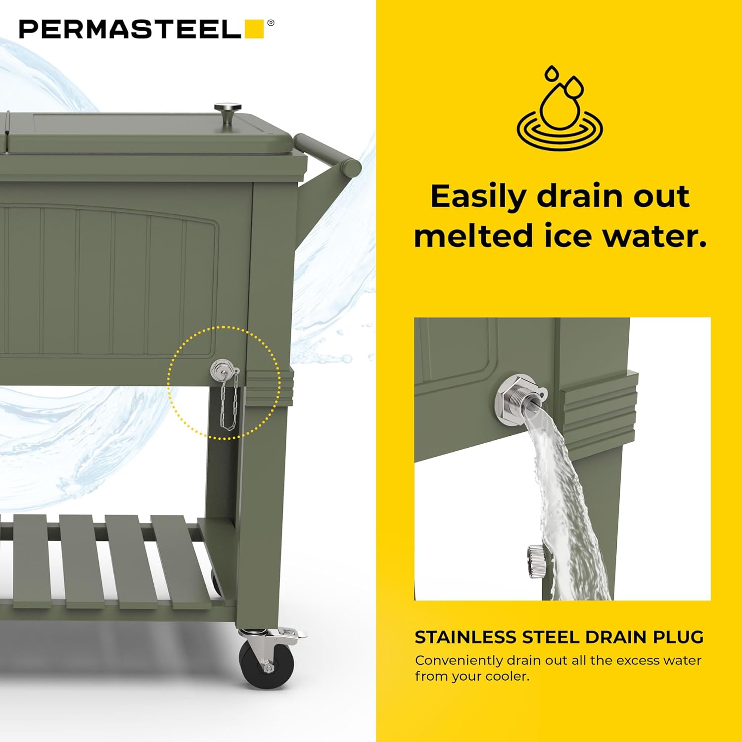 Permasteel Party Cooler with Divider, Spacious 80-Qt Capacity, Chills 36hrs, Serving Tray, Rolling Ice Chest for Indoor and Outdoor Entertainment, Matte Green