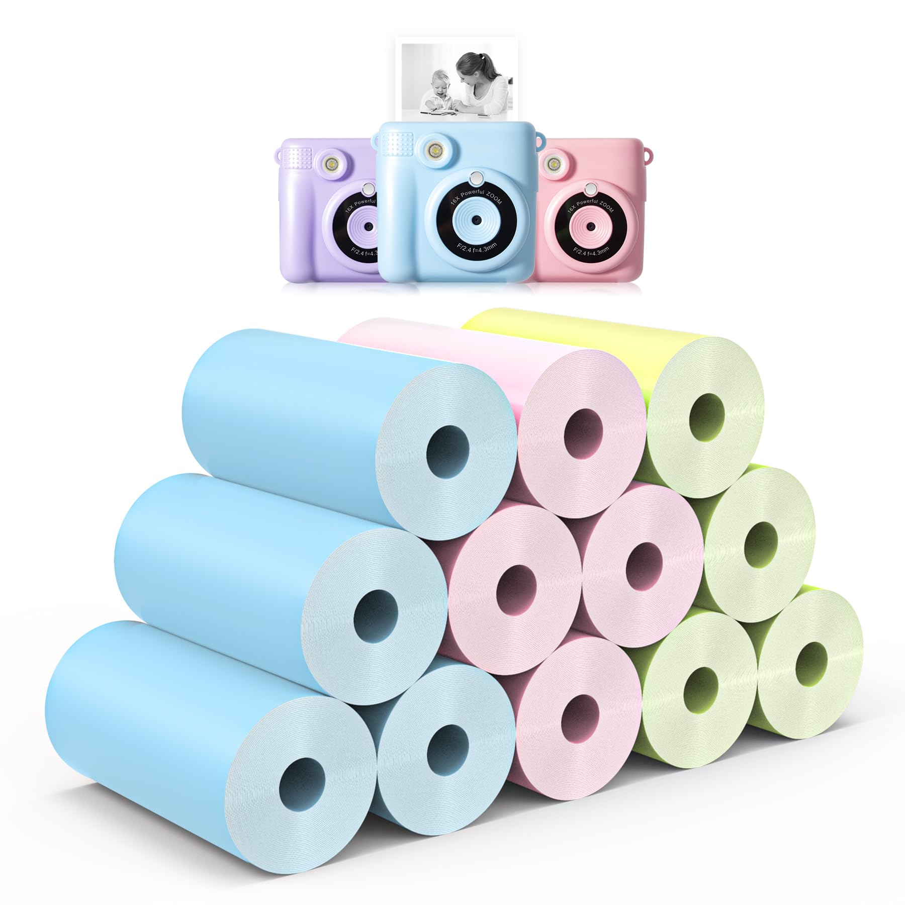 12 Rolls Kids Instant Camera Thermal Print Paper Refill - 3 Colors (Pink, Blue, Yellow) Compatible with Most Children Instant Print Cameras - Paper Only