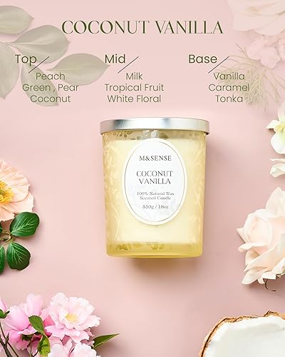 Miniatura 3 de M&SENSE Vela perfumada de vainilla de coco, velas de mecha de madera con tapa, 100 horas de larga combustión, sin toxinas, cera de soja natural, 18