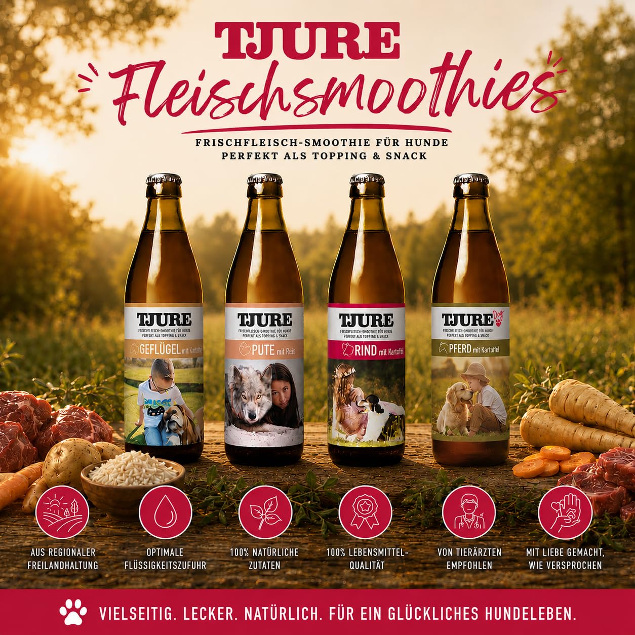 TJURE Hundesmoothie Mixbox | 10 + 2 x 320 ml | 6 x Geflügel | 6 x Rind | Flüssig Snack für Hunde | Ideal als Futter Topping | Zutaten in Lebensmittelqualität | Getreidefrei | Made in Germany