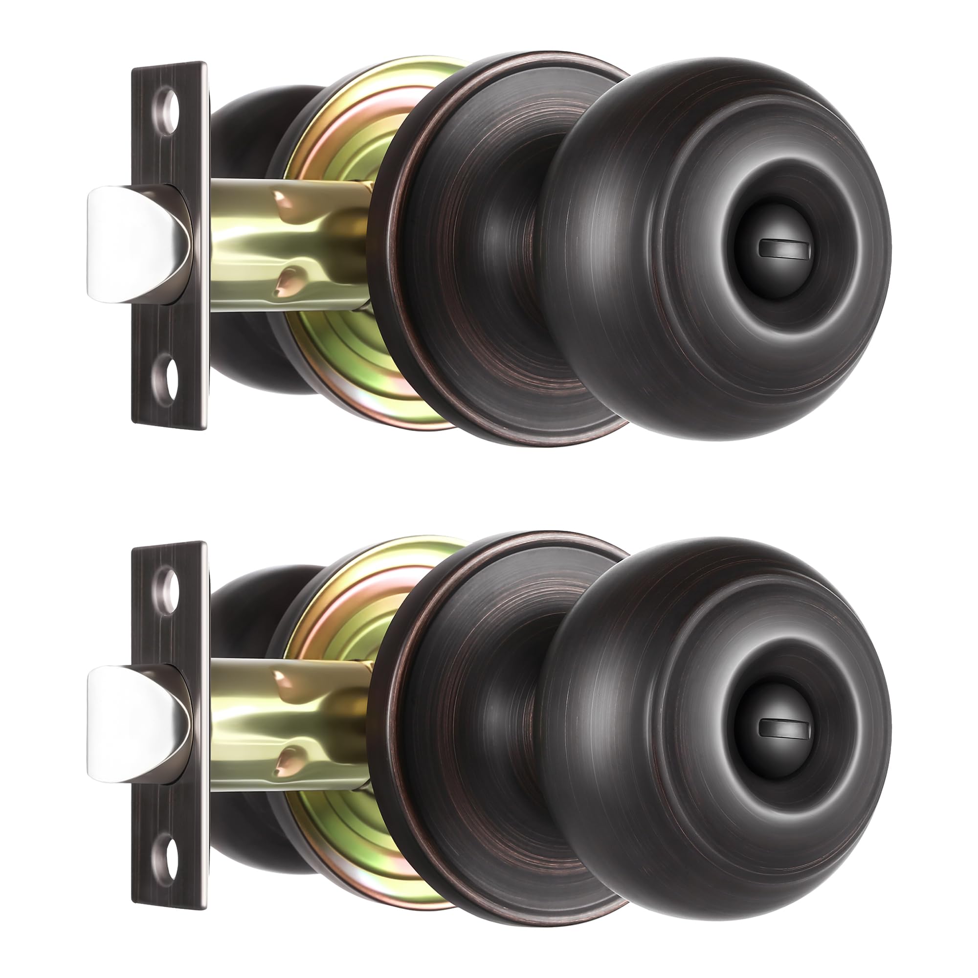 Heittis 2Pack Oil Rubbed Brozne Bathroom Door Knob, Privacy Door Locks with Round Ball, Interior Door Knobs for Bedroom