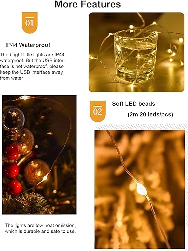 Miniatura 10 de Sokelinn-six Guirnalda de luces LED de 6.6 ft, 20 LED, alimentada por USB, para escritorio, oficina, árbol de Navidad, decoración de fiesta (blanco,