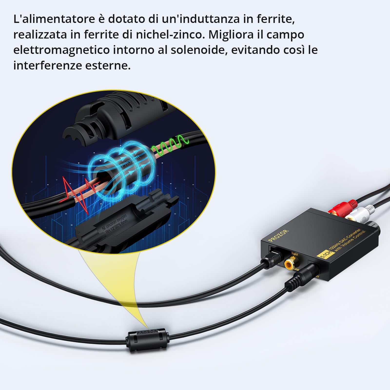 PROZOR D/A Convertitore Digitale ad Analogico Supporta Dolby Digital DTS PCM 5.1CH a 2CH Decodificatore DAC con Volume Regolabile Adattatore Audio Coassiale/SPDIF a RCA con Cavo 2RCA a 3.5mm
