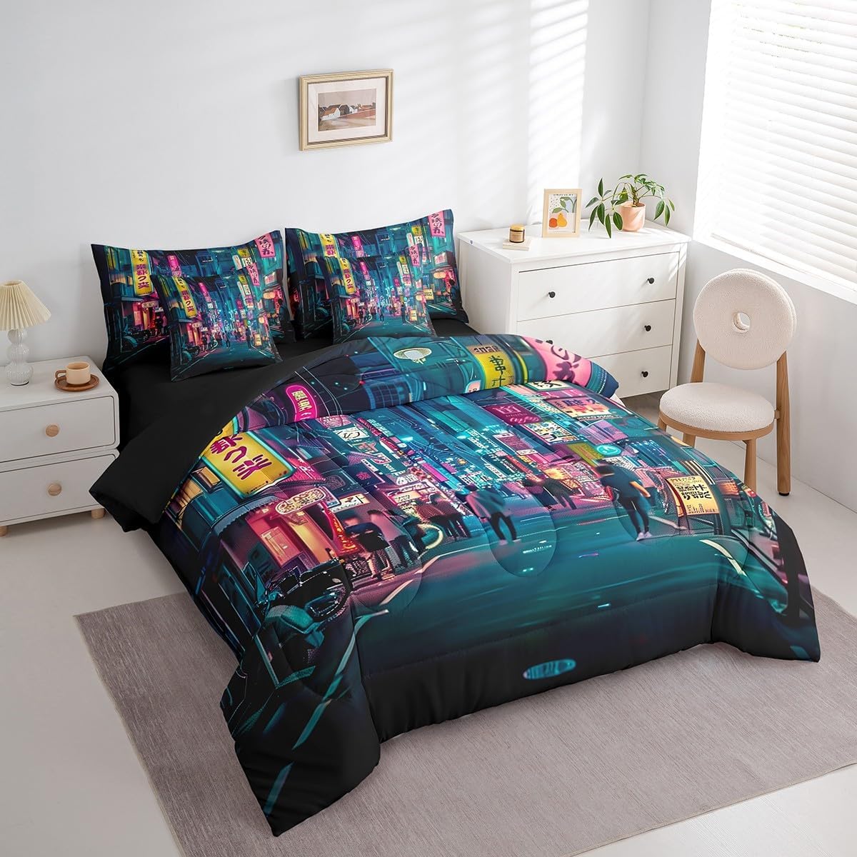 Feelyou Japanese Art Comforter Set 7 Pieces Twin Size Tokyo Anime Bedding Set for Boys Girls Japan Night City Bed in a Bag with Comforter, Sheets, Pillowcases & Cushion Covers