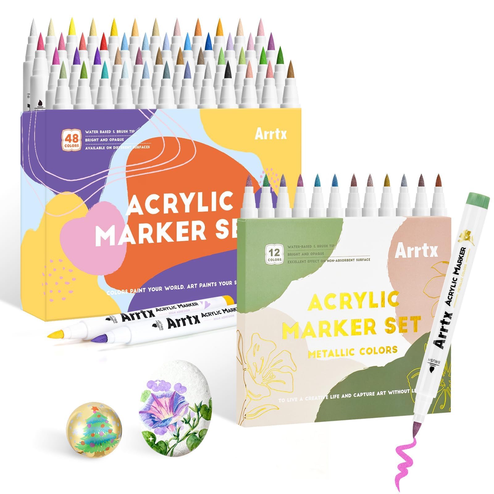 Arrtx 60 Acrylmalstifte für Steinmalerei, extra Pinselspitze Acrylmarker, 12 metallische und 48 normale Farben für Stein, Glas, Ostereier, Holz und Stoffmalerei, ungiftig, kein Geruch