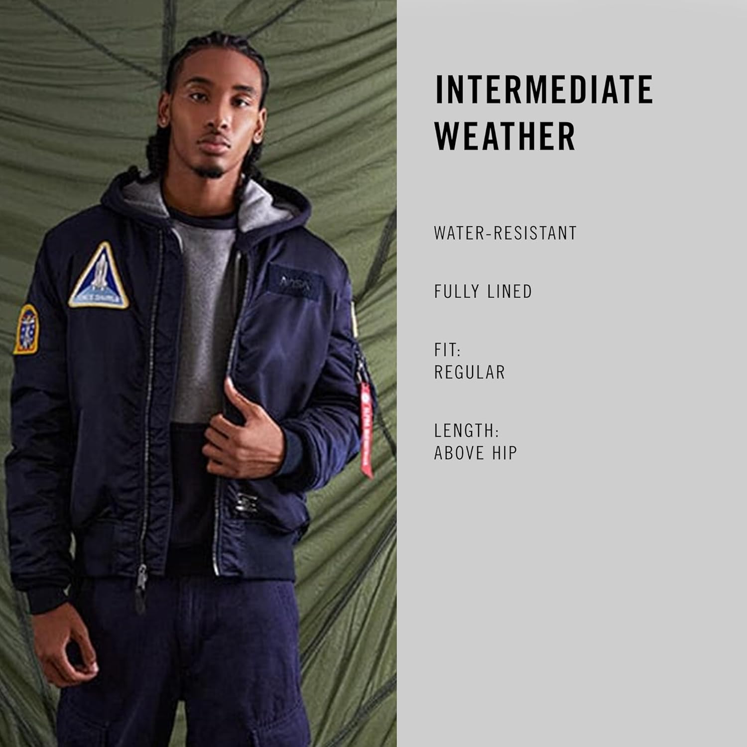Alpha Industries NASA MA-1 Flight Jacket Gen II, Water-Resistant Bomber Jacket Space-Themed Patches, Utility Sleeve Pocket