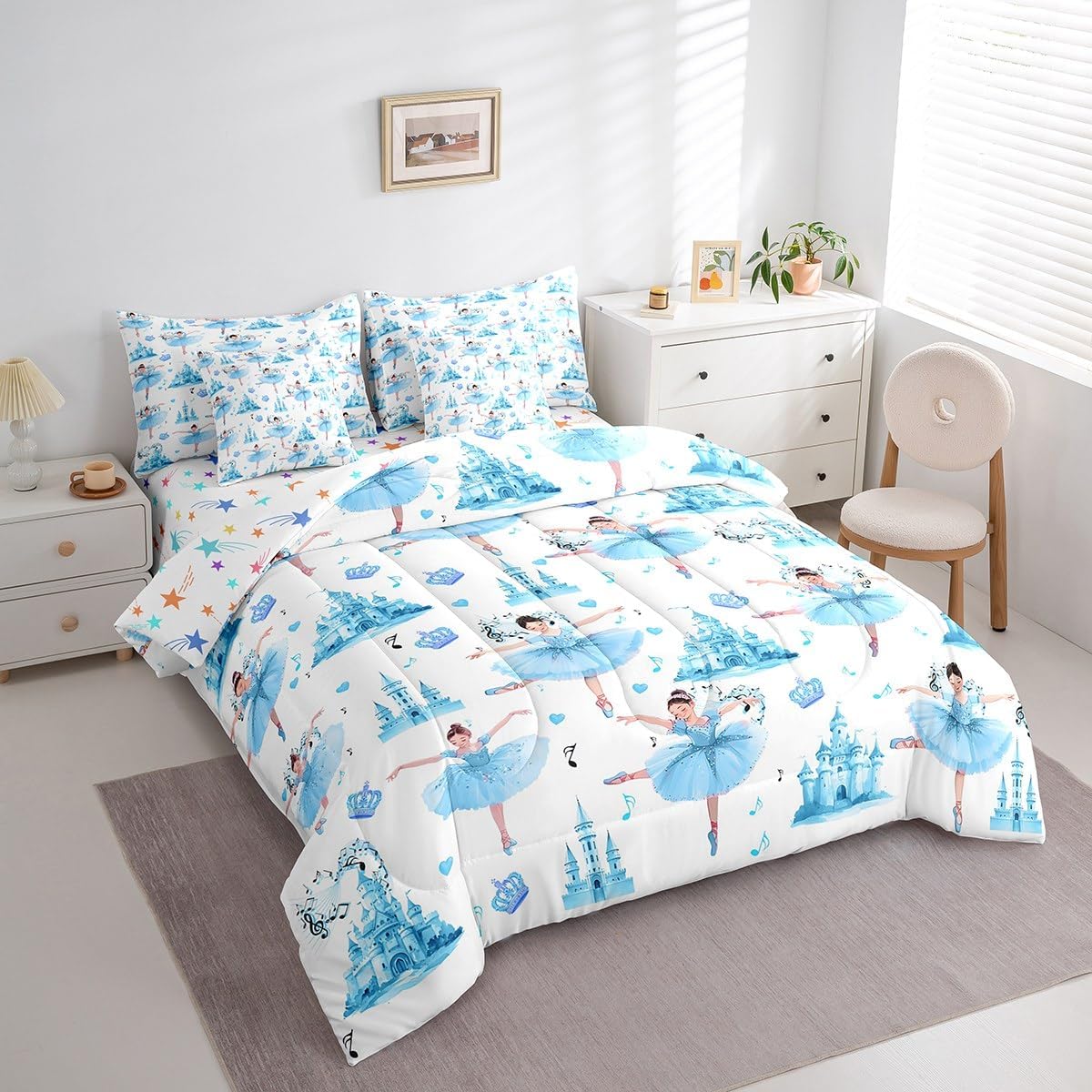 Feelyou Boys Girls Ballet Dancer Bed in A Bag Queen Size, Castle Music 7 Pieces Bedding Set Kids Ballerina Comforter Set with Sheets Dreamy Princess Teens Bed Set Bedroom Decor 7Pcs