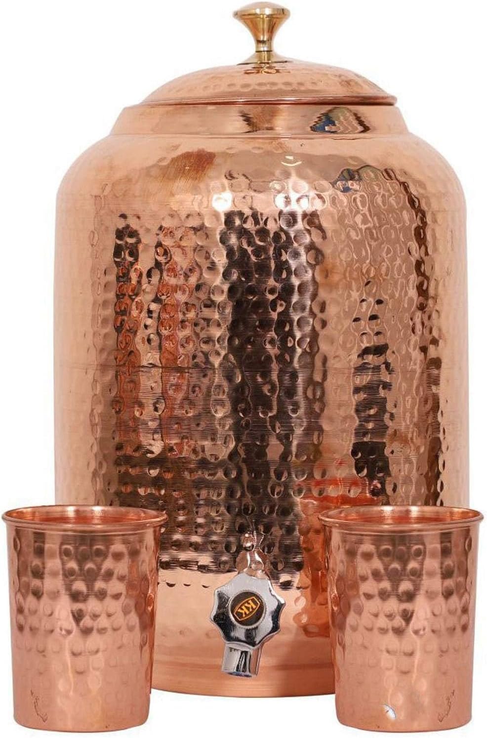 Indian Handmade Hand Hammered Pure Copper Water Dispenser Pot 4 Liter Ayurveda Healing Water Storage Tank Copper Bottle Mug Pitcher With 2 Hammered Glasses