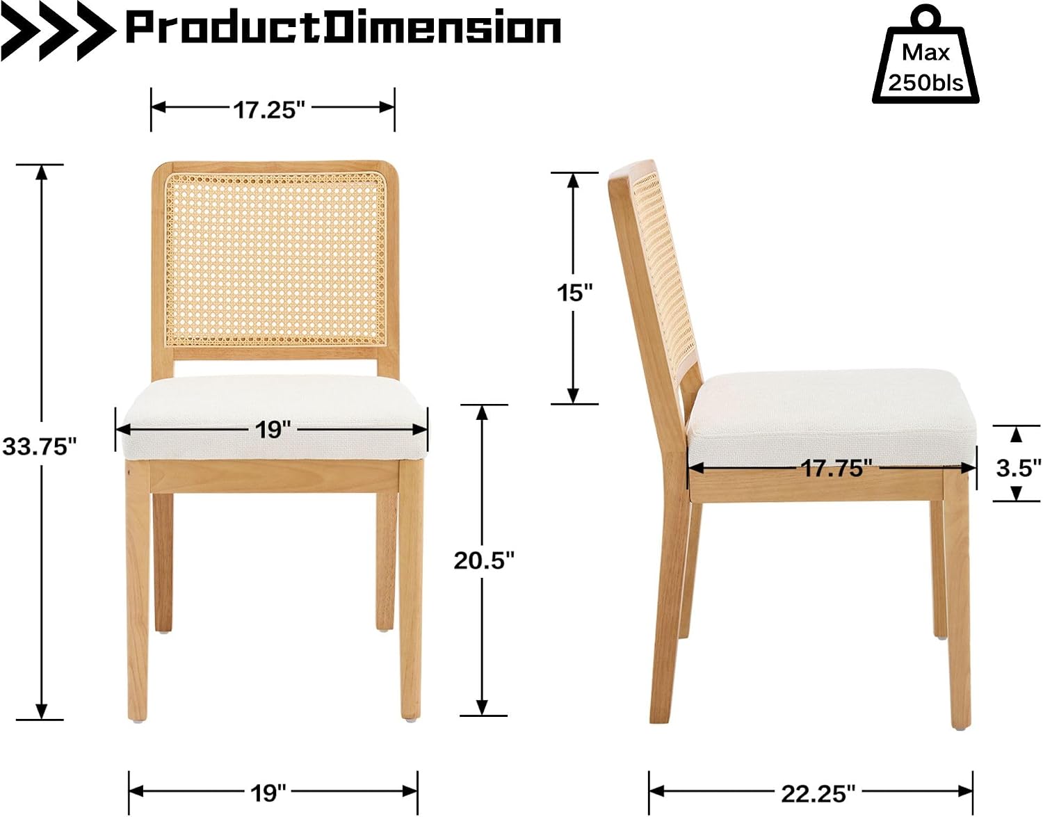 HNY Modern Farmhouse Rattan Dining Chairs Set of 2 Beige Chenille Upholstered Dining Room Chair with Cane Back Mid Century Natural Wood Kitchen Chairs, Boho Accent Wicker Woven Chairs for Living Room