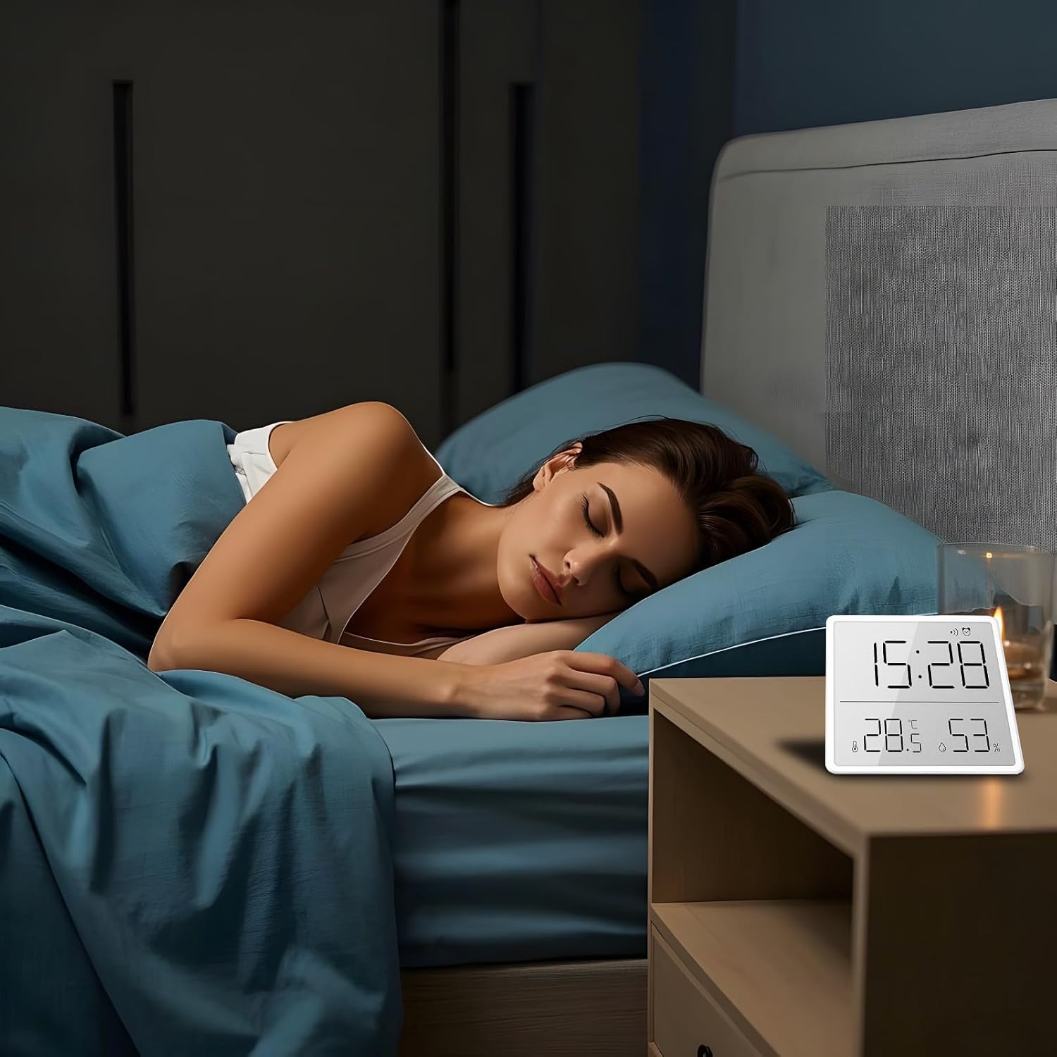 Generic Portable Digital Wall Clock on a nightstand next to a sleeping person