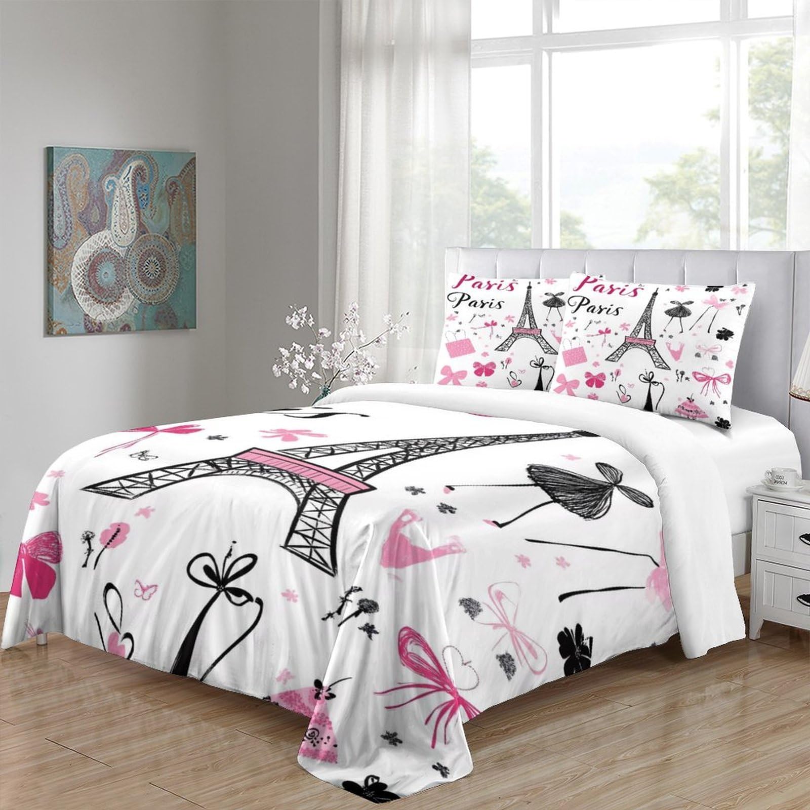 Stampa 3D Paris Eiffel Tower Copertura per letto Biancheria per letto Con federa Confortevole Cartoon Paris Decor Fodera copriletto Antiacaro per giovani single coppie Super king（260x220cm）