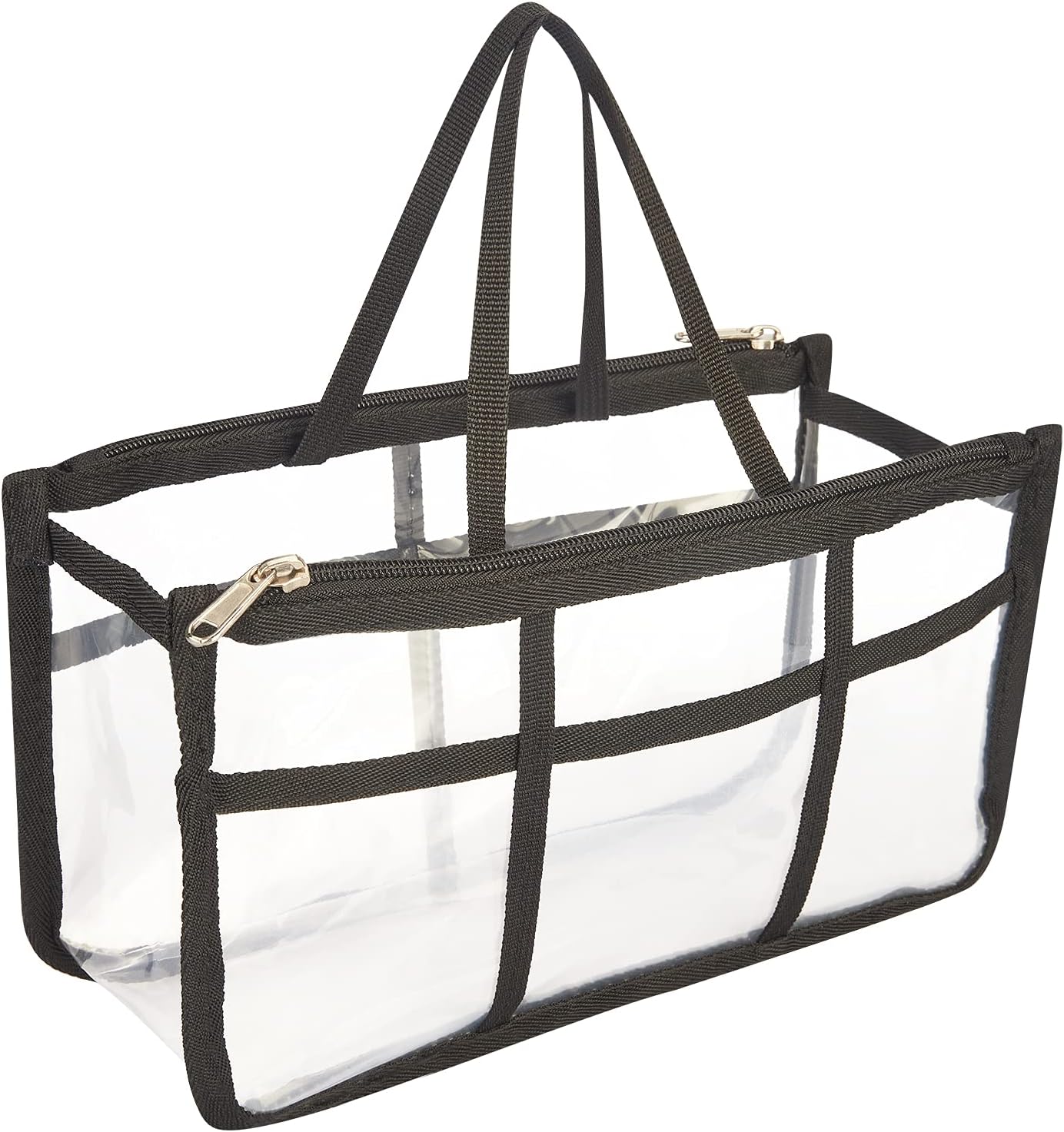 HAOGUAGUA Small Clear Cosmetic Makeup Bag with 8 Pockets, Handbag Tote Organizers Inside Purse Insert, Transparent Travel Toiletry Organizer Bag (Black)