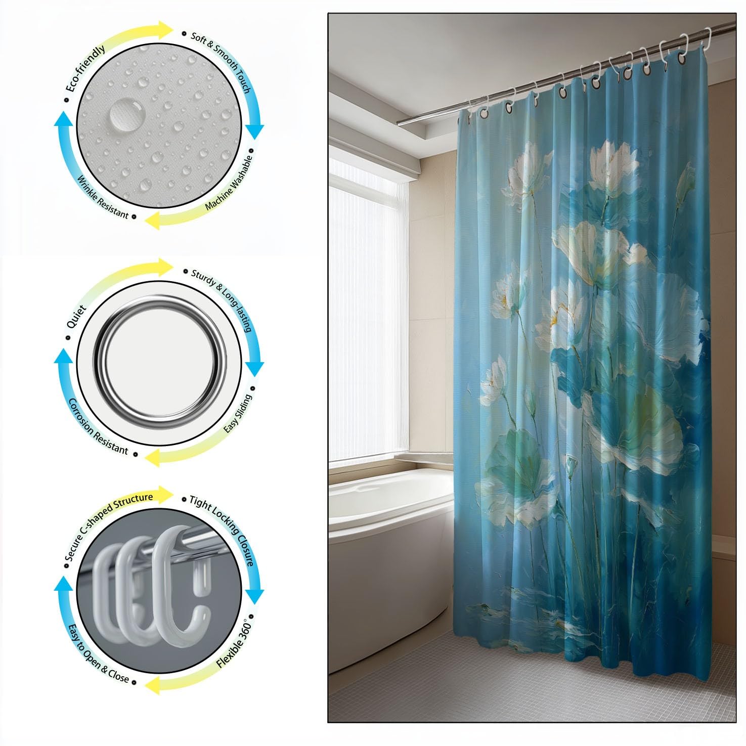 Genérico Zasłona prysznicowa 200 x 200 cm, 1 sztuka, miękka mikrofibra, wodoodporna i odporna na pleśń, zmywalna, do łazienki lub wanny, z oczkami i haczykami, niebieski, nowoczesny elegancki lotos