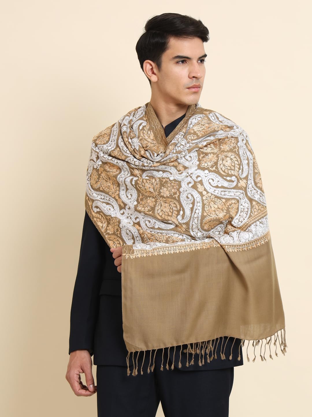 Zamour Embroidered Scarf Stole for Men, Nalki Silky Embroidery Patterns, Fine Woollen Material, Ethnic Look Shawl