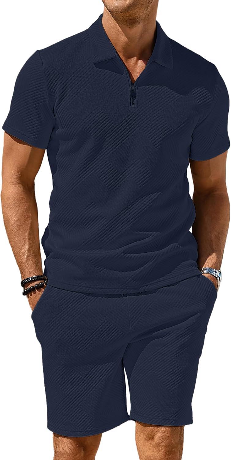 PLEPAN Men's 2 Piece Short Sets Summer Track Suits Casual Beach Outfits 1/4 Zip Golf Polo Shirts with Lightweight 8" Shorts