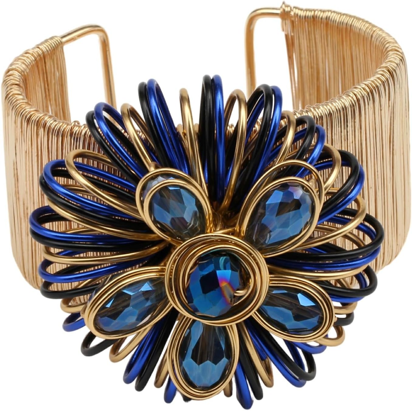 Women Arm Cuff Bracelet Big Crystal Flower Fashion Statement Bead Bold Gold Color Bangle Wire Wrapped Floral Jewelry - Image 3