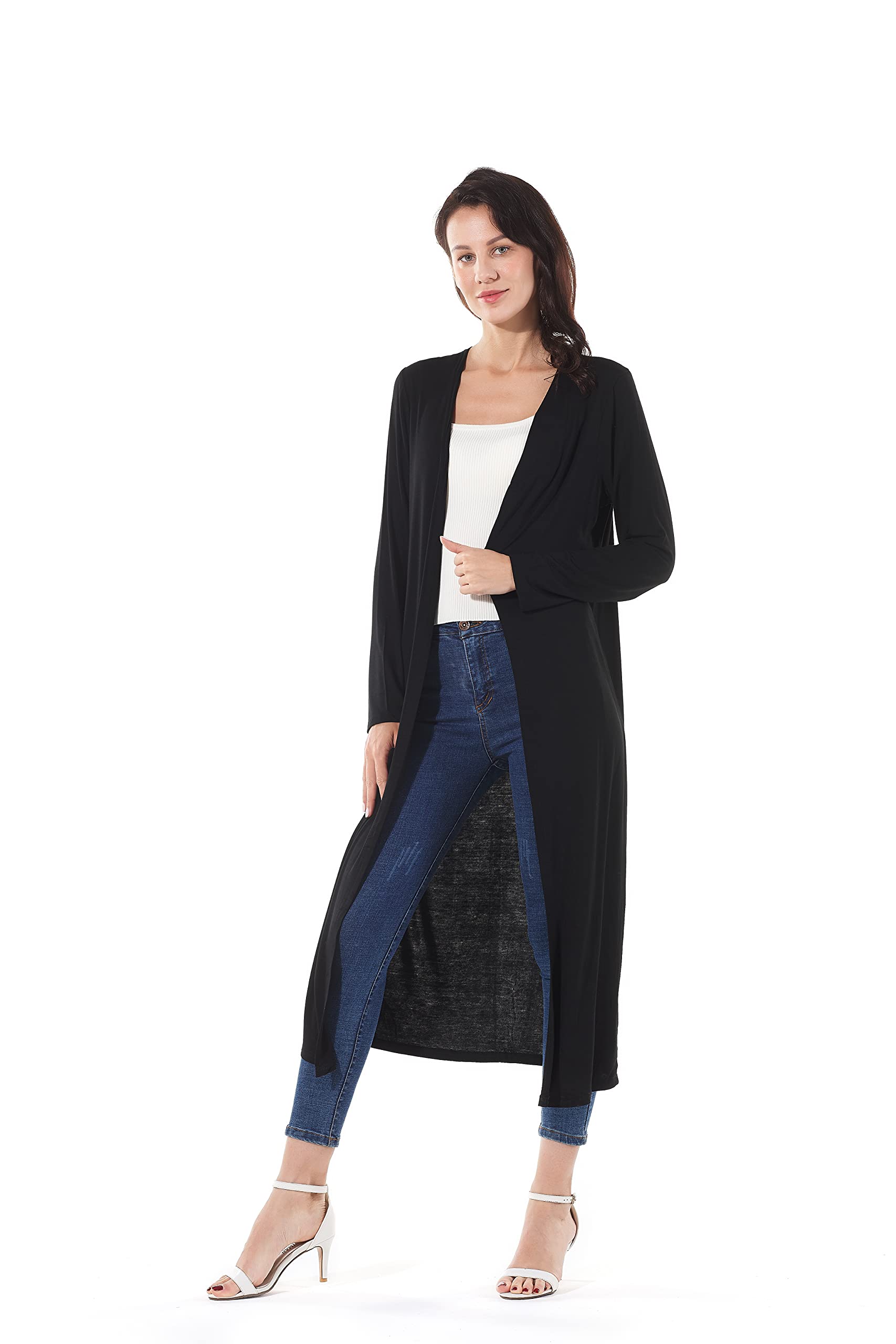 AMGLISEWomen's Solid Sweater Essential Duster Long Cascading Open Front Lightweight Blue Cardigan