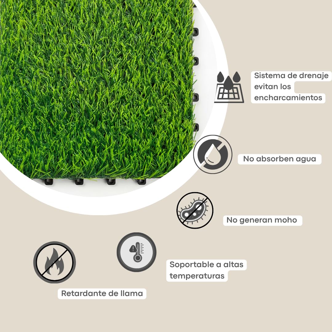 Losetas Jardin Exterior de Césped Artificial 30x30cm (Pack 10) – Cesped Para Jardín, Terraza y Patio – Suelo Verde con Drenaje e Instalación Fácil Para Balcón, Piscina y Espacios Al Aire Libre