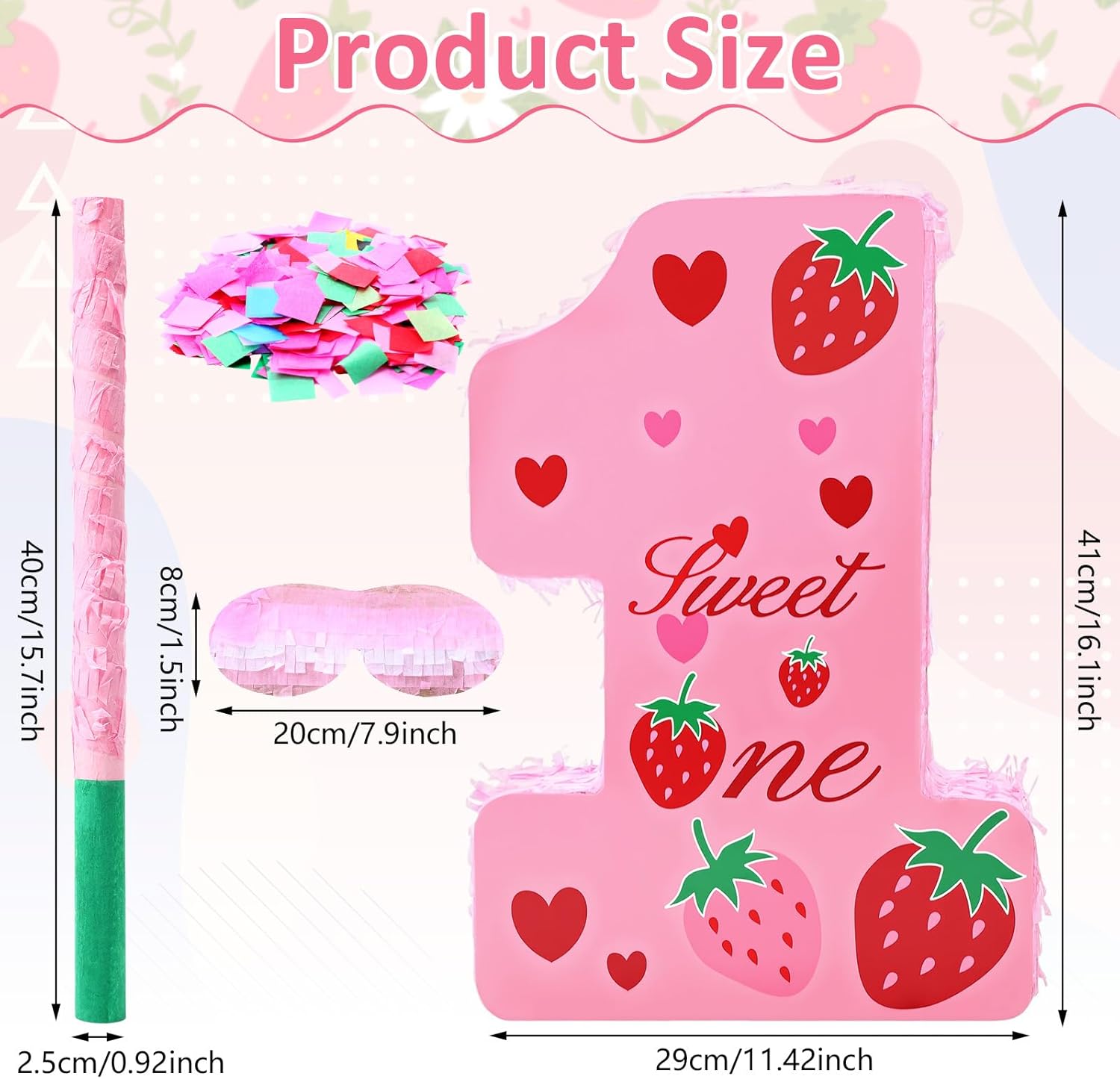 Soulchen Strawberry Piñata Strawberry 1st Birthday Piñata with Stick Blindfold Confetti Fruit 1st Birthday Decorations Summer Fruit Baby Shower Party Favor Game Decoration Supplies