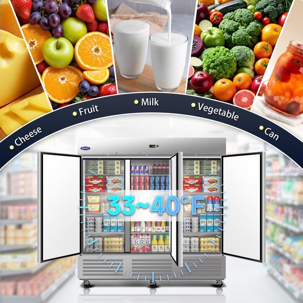 81" Commercial Refrigerator 70 Cu.ft with 3Solid Door Reach-In Refrigerators Stainless Steel ETL Approved Upright Fridge Storage (70 Cu.ft（33~40℉）)