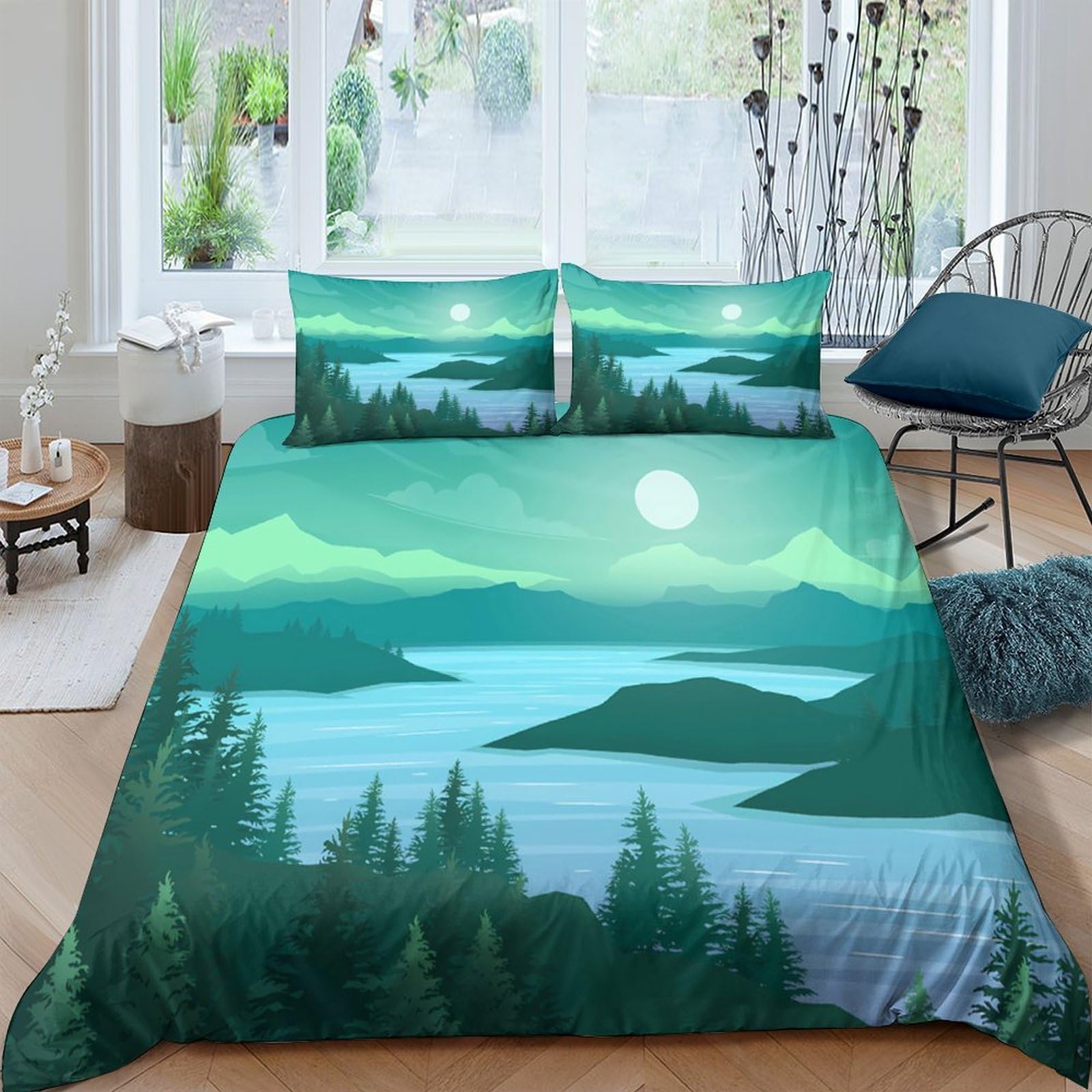 Ctjqhvkz Style-8 3D Printed Forest Lake Fitted Sheet Microfiber Soft Green Mountain Mattress Cover For Bedroom Guest Room Easy Care Single（135X200cm）