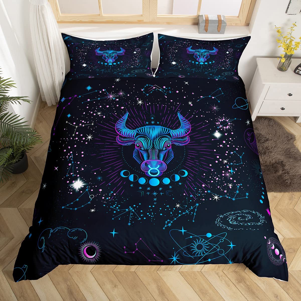 ErosebridalTaurus Bedding Sets Queen Psychedelic Celestial Comforter Cover, Trippy Galaxy Bed Set Twelve Constellations Zodiac Duvet Cover, Horoscope Moon Phase Quilt Cover Cozy 3pcs (Zipper Closure)