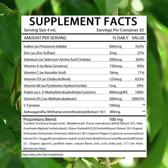 Thyroid Support Drops, Thyroid Support for Women & Men | Selenium Zinc Iodine L-Tyrosine Ashwagandha Liquid Drops, Thyroid Bloom Liquid | Body Balance & Support - 4 FL.OZ (1PCS)