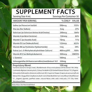 Thyroid Support Drops, Thyroid Support for Women & Men | Selenium Zinc Iodine L-Tyrosine Ashwagandha Liquid Drops, Thyroid Bloom Liquid | Body Balance & Support - 4 FL.OZ (1PCS)