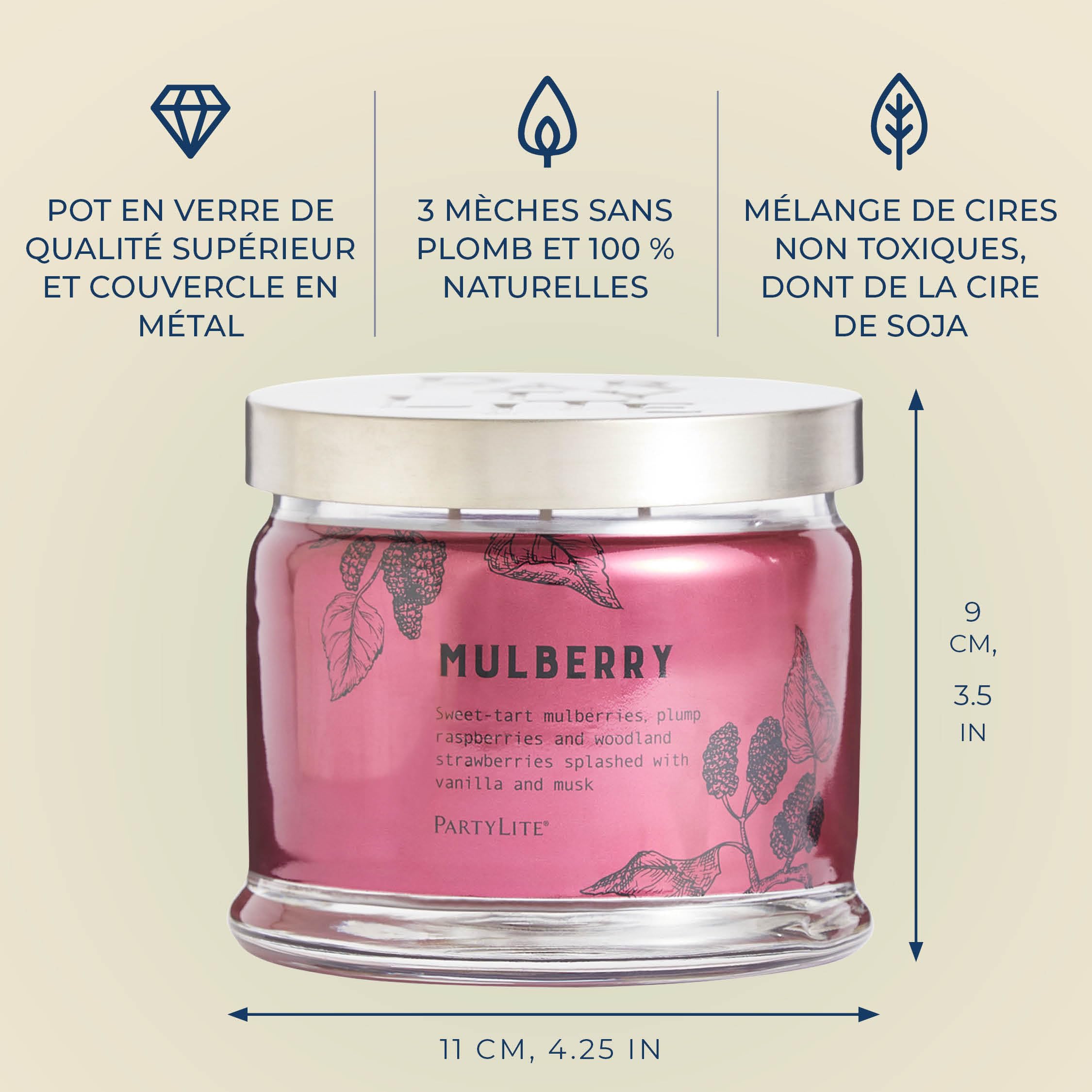 PartyLite Bougie en pot 3 mèches 374,2 g 45 heures Parfum mûre cassis grenade
