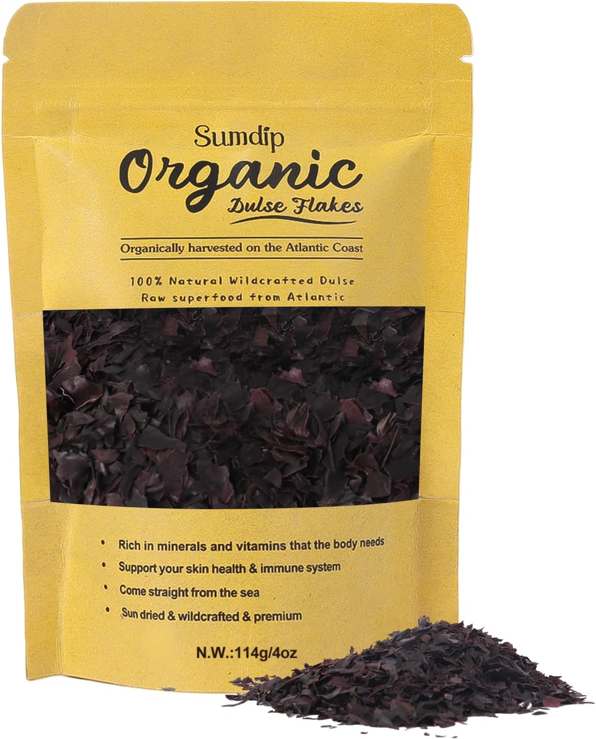 Dulse Flakes, Organic Atlantic Sun Dried Dulse Flakes Maine Coast Seaweed Non-GMO Fat-Free Rich in Iodine Iron, Snacking, Seasoning, 4 OZ