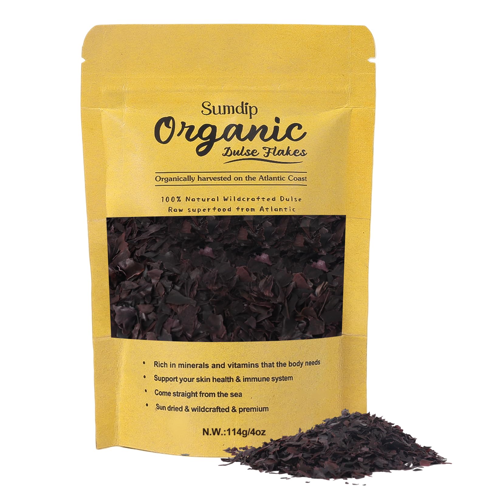 Dulse Flakes, Organic Atlantic Sun Dried Dulse Flakes Maine Coast Seaweed Non-GMO Fat-Free Rich in Iodine Iron, Snacking, Seasoning, 4 OZ