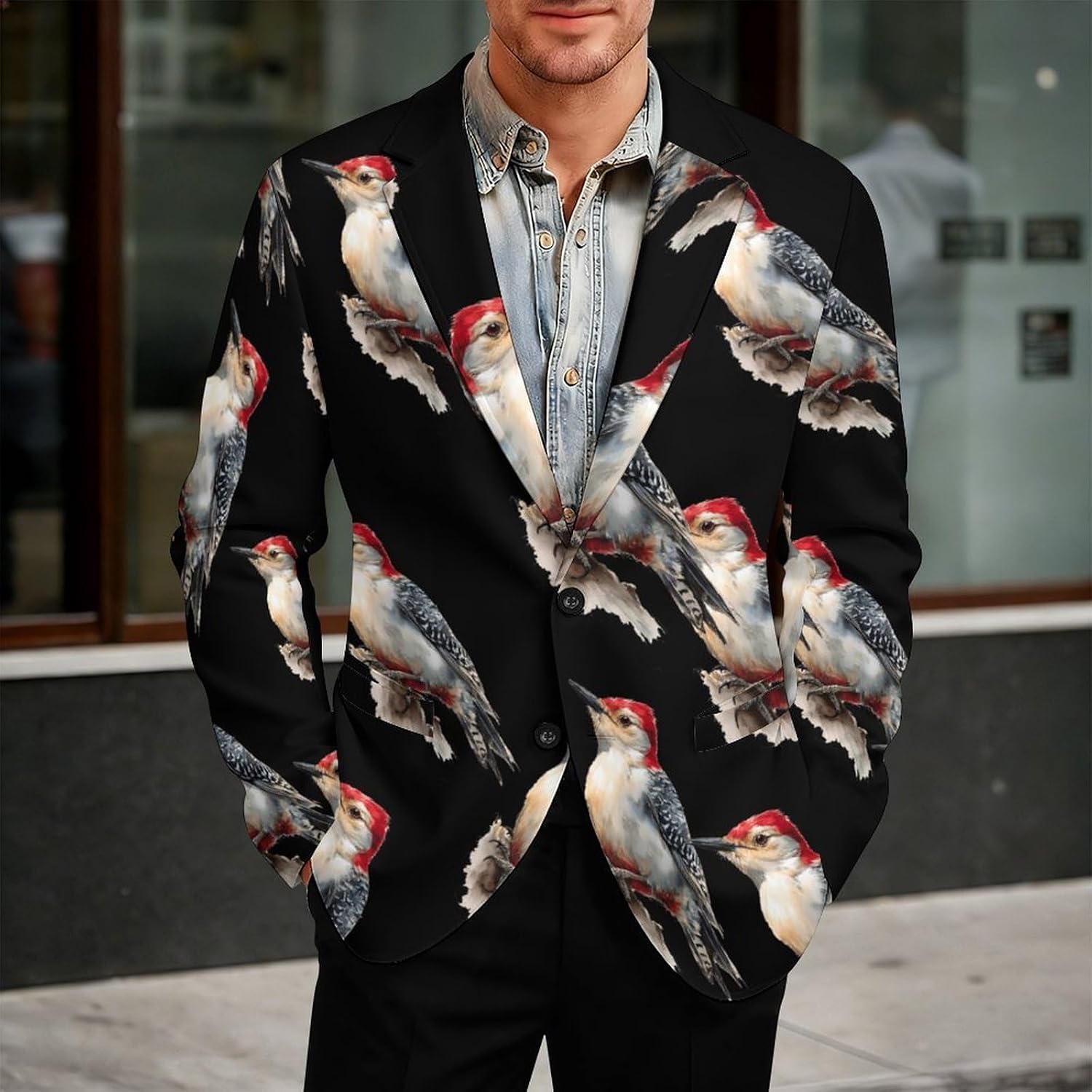 Watercolor Woodpecker Bird Men's Blazers Slim Fit Business Casual Suit Sport Coat Jacket with Pocket