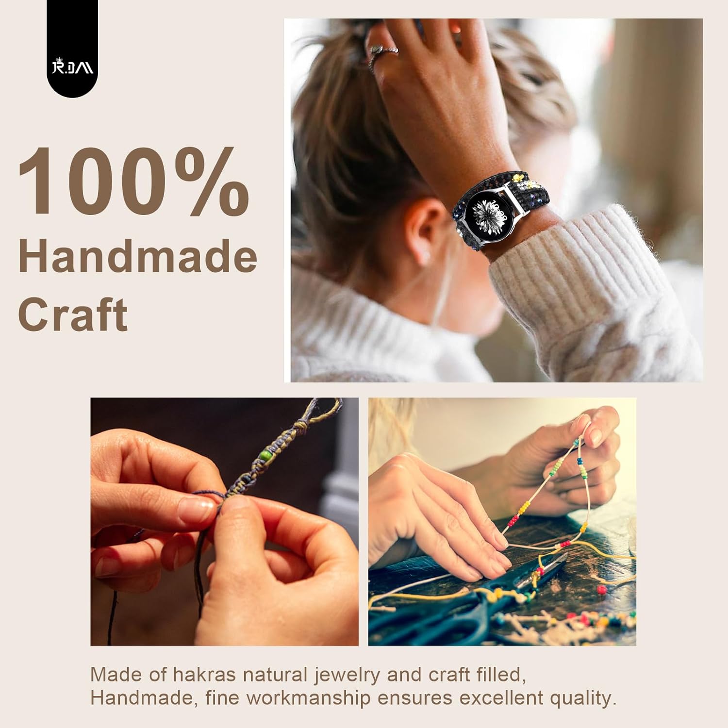JR.DM Boho Beaded Handmade Braided Bracelet Band Women 20mm Compatible with Samsung Galaxy Watch 7/6/5/4/Active 2/4 Classic/6 Classic/5 Pro/FE 40mm 42mm 43mm 44mm 45mm 46mm 47mm