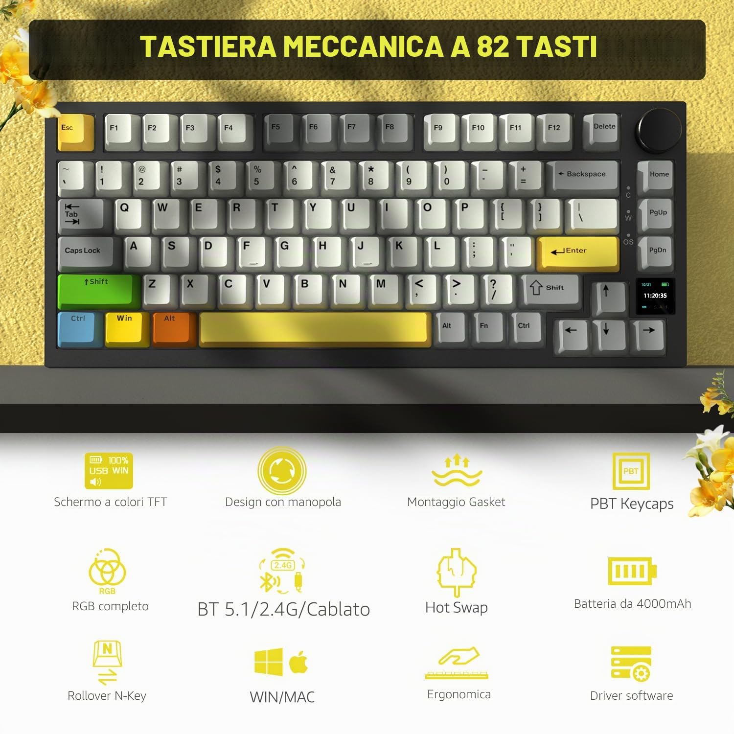 AJAZZ AK820PRO Tastiera Gaming Meccanica Wireless Backlit RGB - Nero Giallo
