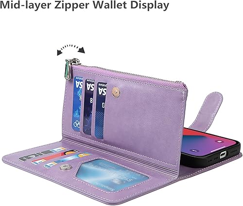 Miniatura 6 de iCoverCase Funda tipo cartera para iPhone 13 Pro Max con tarjetero, 2 en 1, de piel sintética, con cierre magnético, bolsillo con cremallera, a