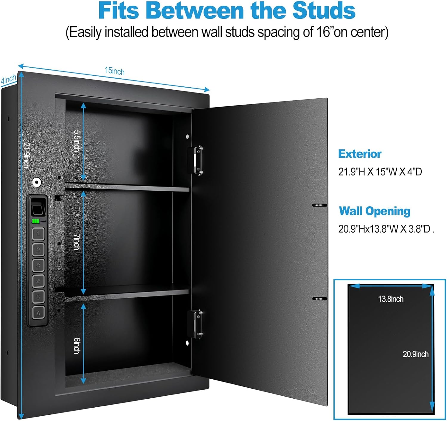 Fingerprint Wall Safe, Hidden Biometric wall-mounted Safe, In Wall Safe Between Studs, Upgraded Biometric/Keypad/Key Access, Secure Handgun, Documents, Jewelry, Valuables