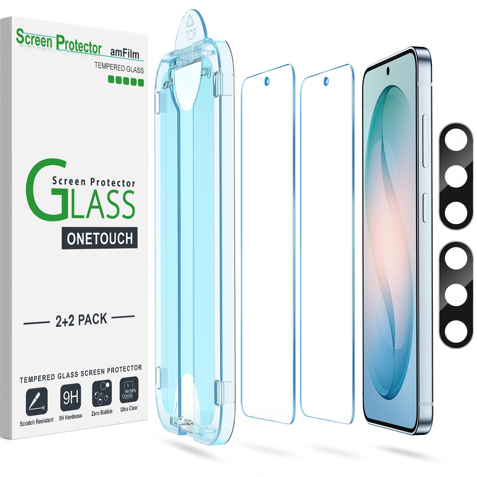 amFilm Pakiet 2+2 Zabezpieczenie Ekranu OneTouch do Samsung Galaxy S26 5G, Twardość 9H z Ochroną Obiektywu Aparatu ze Szkła Hartowanego, łatwa Instalacja i bez Pęcherzyków Powietrza