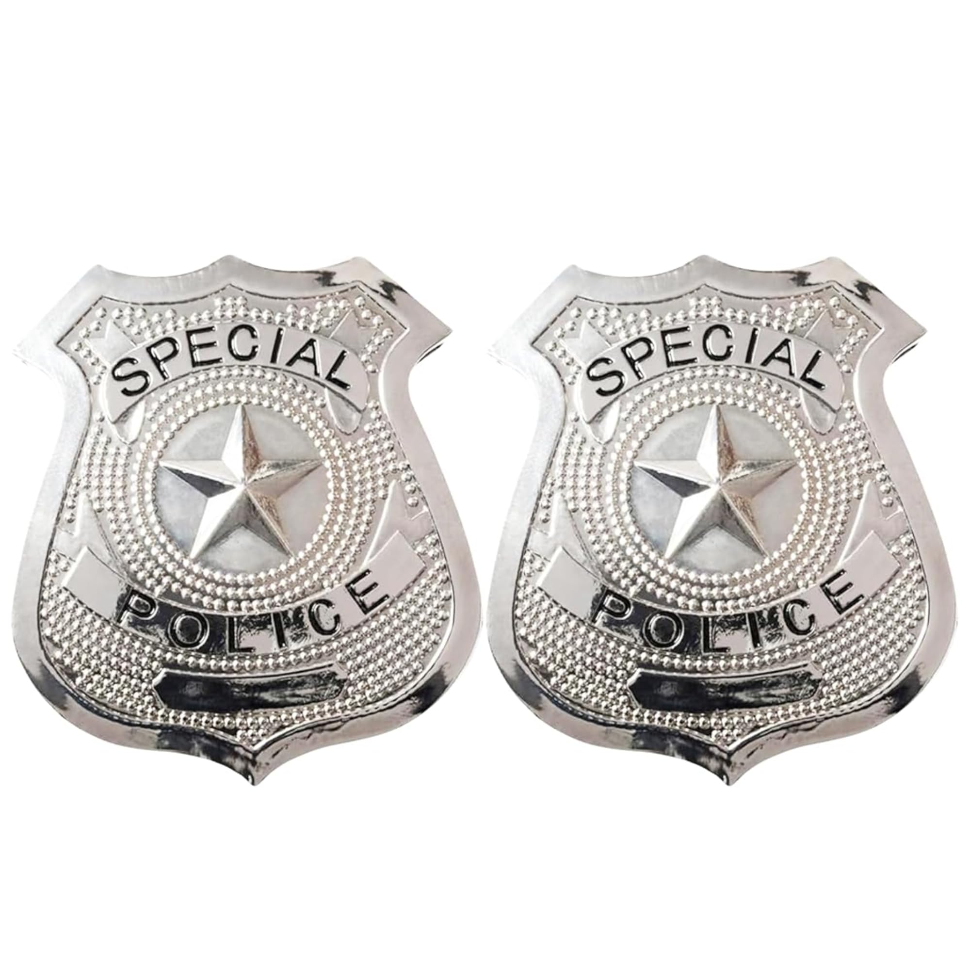FNA Fashions® Metal Police Badge with Star Design – 6 cm Silver Costume Accessory with Pin Fastening for Halloween, Cosplay & Fancy Dress – Adult Costume Prop (2)