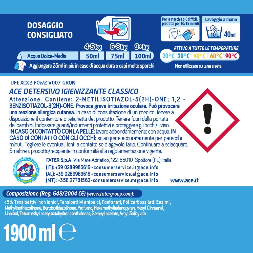 ACE Detersivo Igienizzante Classico – Detersivo Liquido Lavatrice, Rimuove Macchie e Sporco, Igienizza Tessuti, Bucato Pulito e Fresco anche a Freddo, Formula Efficace e Profumo Duraturo, 152 lavaggi
