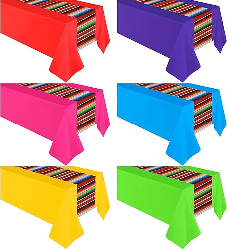 6 manteles de fiesta mexicana de 54 x 108 pulgadas, camino de mesa de plástico a rayas, para decoración de fiestas mexicanas de noche de tacos