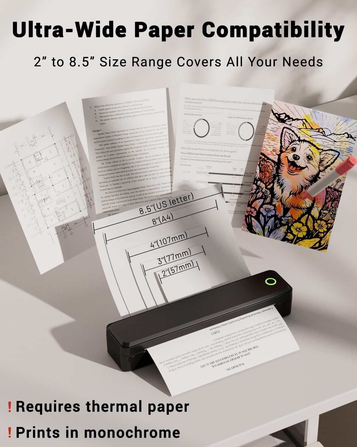 Labeer Portable Wireless Thermal Heat Small Printer 8.5 x 11 Inch Letter A4 Support, Inkless Simple Tiny Mobile Bluetooth Printer for Phone Laptop Travel Home Office (Black)