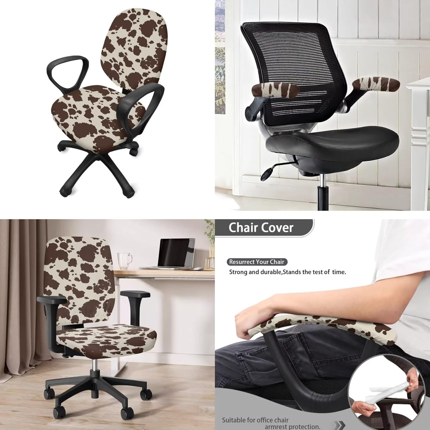Brown Cow Print 4 Pcs Office Rotating Armchair Cover Set Lightweight Dustproof Swivel Office Computer Gaming Boat Chairs Protect Cover