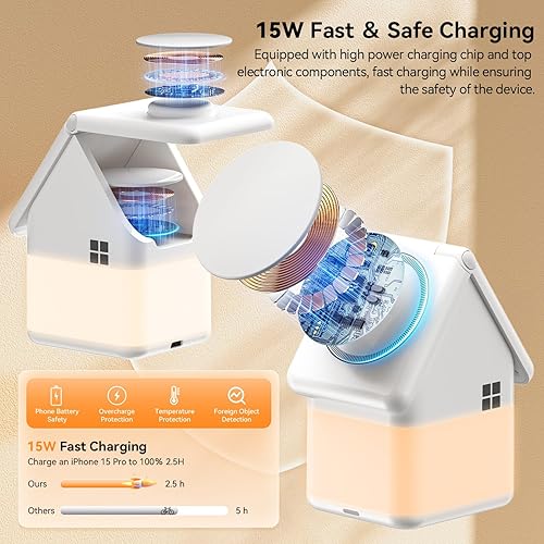 Miniatura 3 de WSKEN Cargador de estación de carga inalámbrica 3 en 1 para iPhone lámpara de luz de mesita de noche Cargador rápido MagSafe de 15 W para iPhone