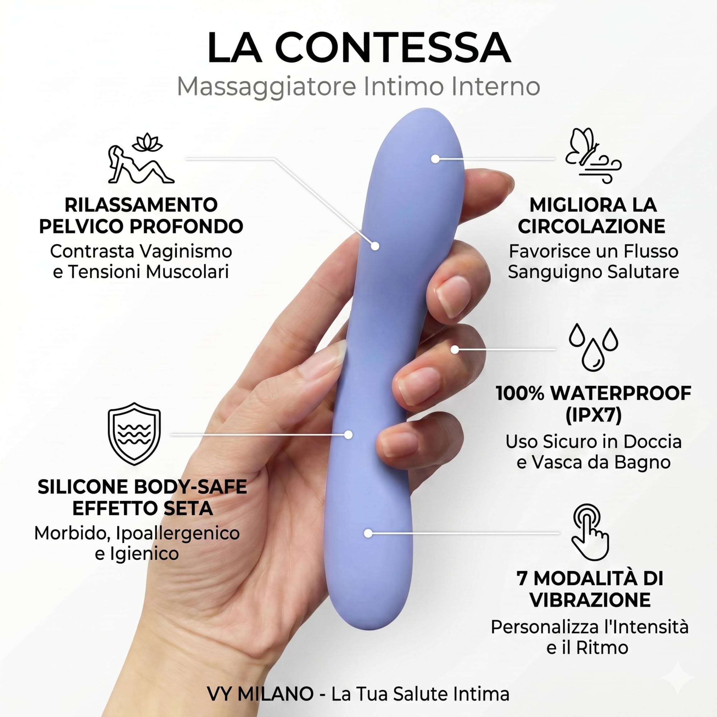 La Contessa - Massaggiatore Intimo Femminile Interno in Silicone | Flessibile, Ricaricabile e Waterproof | Ideale per Benessere Pelvico, Vaginismo e Rilassamento | 3 Intensità e 7 Vibrazioni